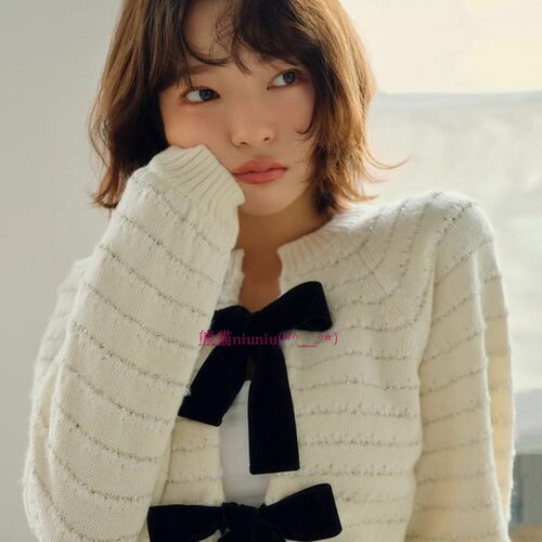 气质甜美蝴蝶结丝绒系带针织开衫