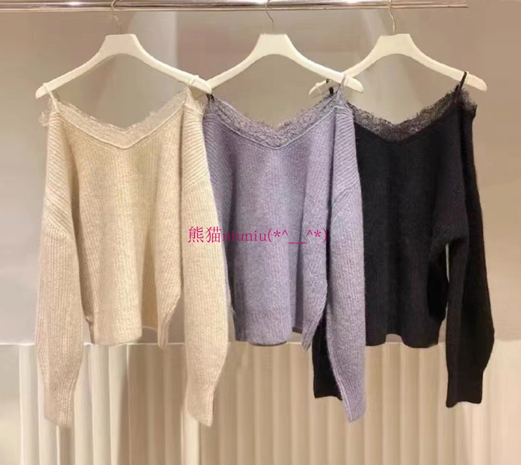 蕾丝边拼接羊毛镂空针织衫毛衣