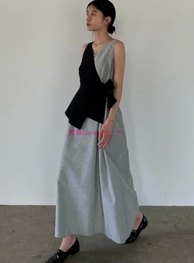 纯圆款~松本惠奈C1ane 小众设计V领拼接侧边系带连衣裙14112-5292