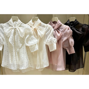 温柔气质！纯元贵牌~LB家 甜美蝴蝶结泡泡袖欧根纱雪纺衬衫261074