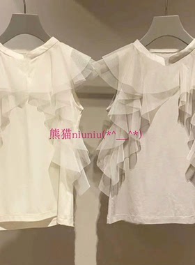 甜美温柔系！纯元款S家 立领薄纱拼接荷叶边小飞袖衬衫