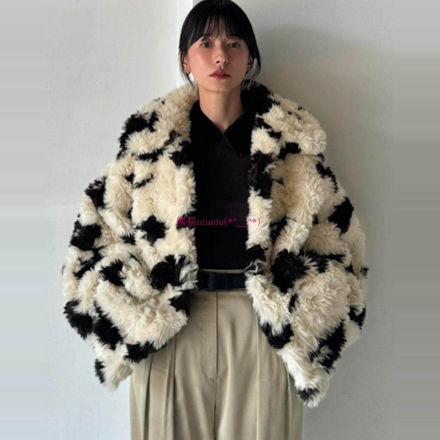 原厂追加！松本惠奈C1ane 奶牛纹简约翻领保暖毛绒外套17101-0112
