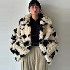 原厂追加！松本惠奈C1ane 奶牛纹简约翻领保暖毛绒外套17101-0112