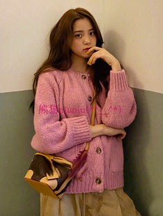 欧阳娜娜 元 圆领宽松单排扣针织毛衣开衫 现货 甜美软糯风 独