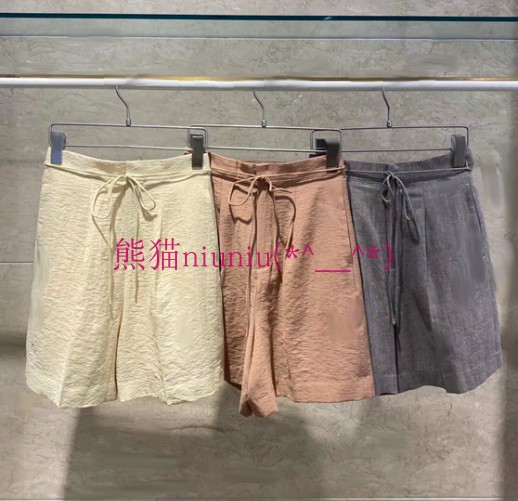 搭配成一套系列，简洁干练~独+纯圆 S家 亚麻绑带高腰短裤