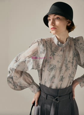 纯圆贵牌！甜美又温柔~C0家 立领荷叶边薄款仙仙印花衬衫73218202
