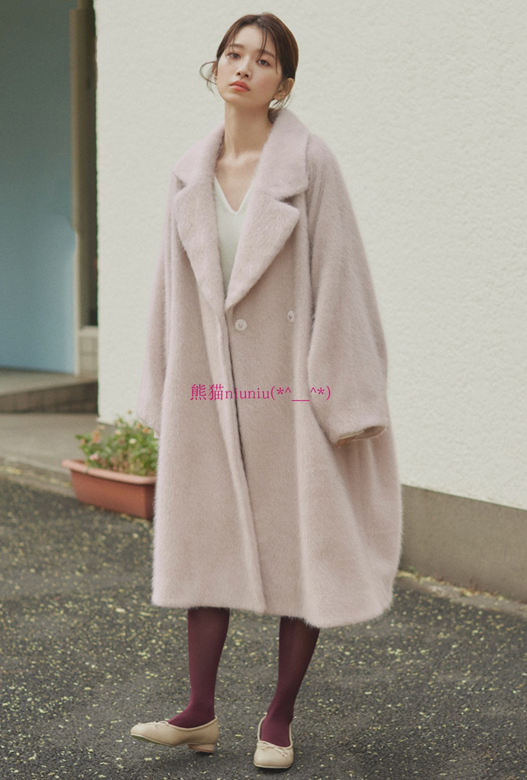 气质范儿！纯圆S家 茧型带胸针宽松翻领毛绒绒大衣外套