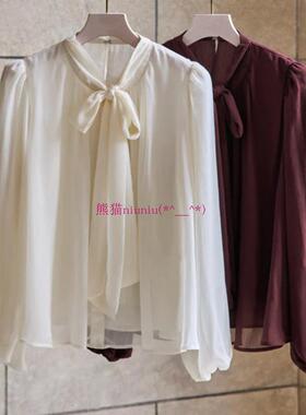 原厂追加！小嶋阳菜H家 纯色蝴蝶结系带灯笼袖雪纺衬衫1243302077