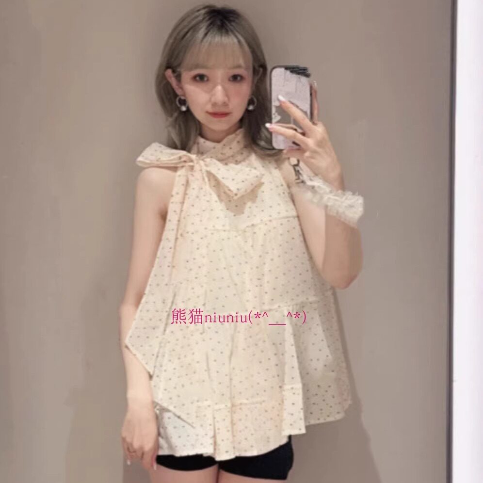 甜美仙仙系列！纯元款~LB家 蝴蝶结系带无袖波点印花宽松衬衫上衣 - 实物图