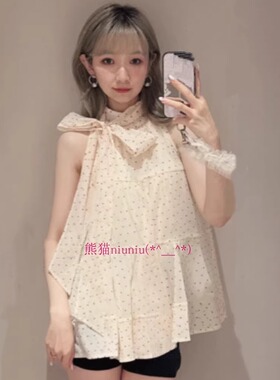 甜美仙仙系列！纯元款~LB家 蝴蝶结系带无袖波点印花宽松衬衫上衣