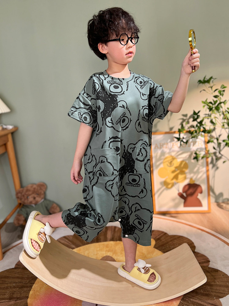 2024 MIDDLE AND LARGE CHILDRENS ONE-PIECE PAJAMAS SUMMER COTTON CUTE CARTOON THIN BOYS AIR-CONDITIONED CLOTHES KICK-PROOF LOUNGEWEAR