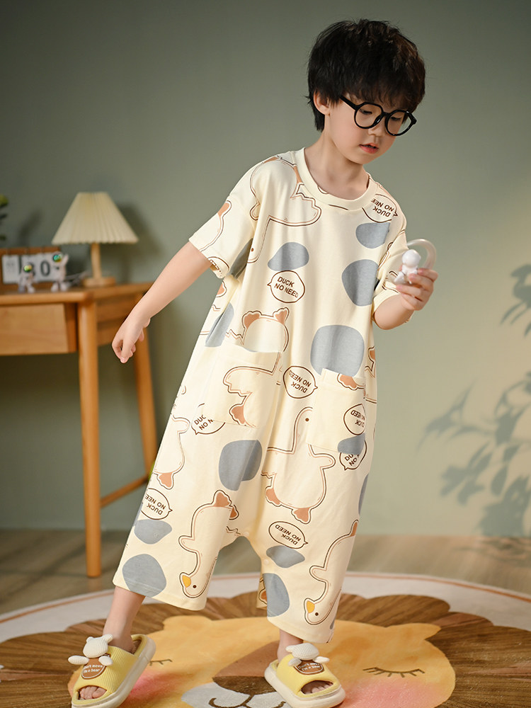 BOYS AND GIRLS PAJAMAS ONE-PIECE CHILDRENS SUMMER THIN ONE-PIECE COTTON SHORT SLEEVES MEDIUM AND LARGE CHILDRENS BABY LOUNGEWEAR CAN BE WORN OUTSIDE