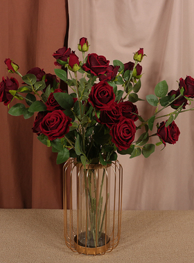 5头绒布高品质玫瑰花假花仿真花单支 红色高枝客厅仿生花束摆件