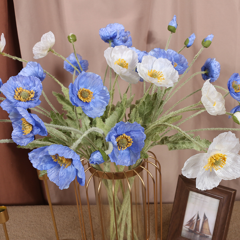 蓝色虞美人仿真花插花瓶搭配神器