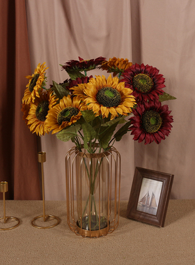 3头黄色向日葵假花仿真花摆件客厅 餐桌花高枝摆花咖色拍照装饰花
