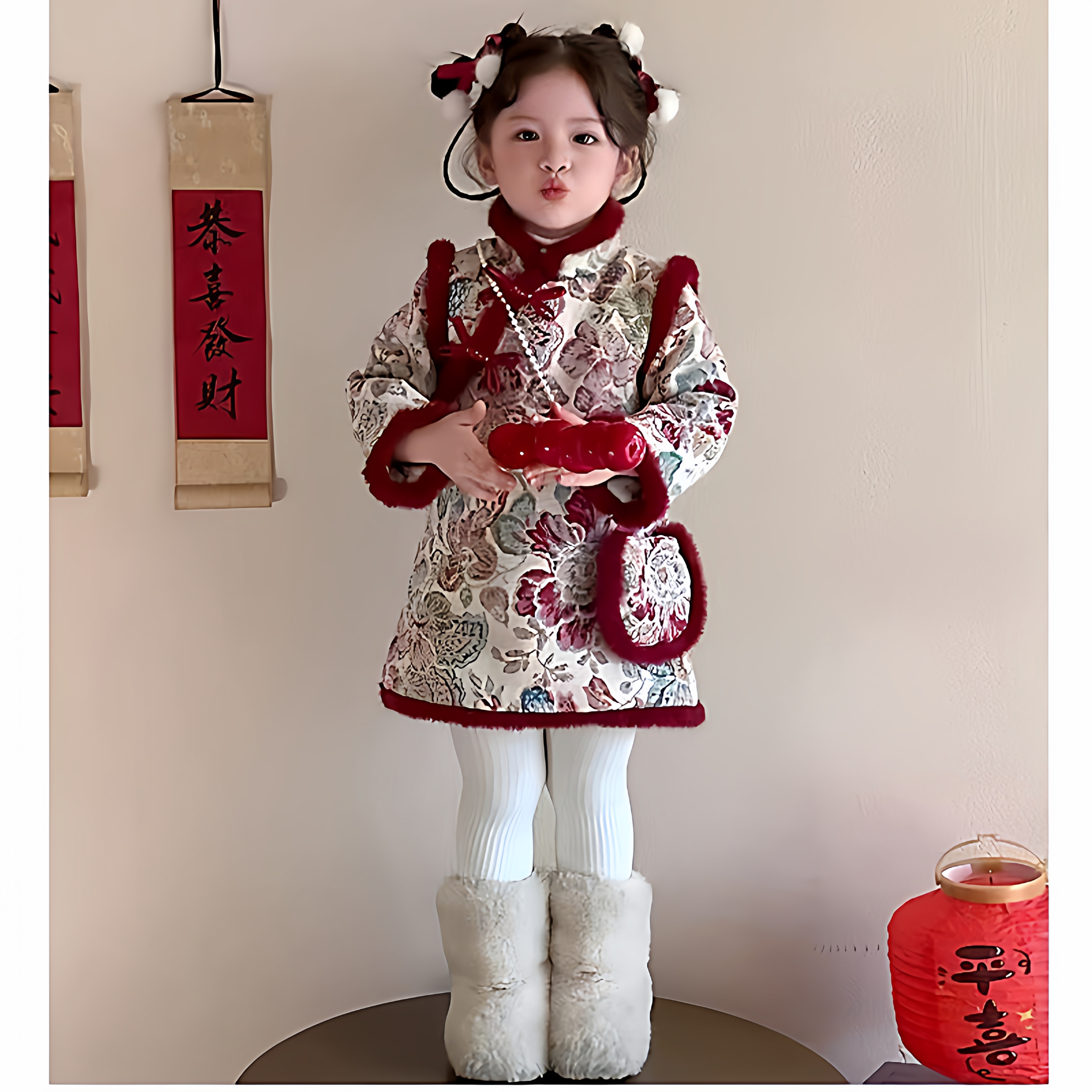 女童喜庆风拜年服红色冬装旗袍裙