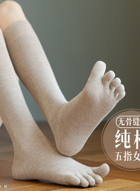 纯棉五指袜子女春秋款小腿袜长筒袜全棉分趾秋冬季高筒半筒袜无骨