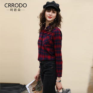 磨毛红色格子衬衫女秋季女款上衣加厚秋冬红格子秋款女装衬衣纯棉