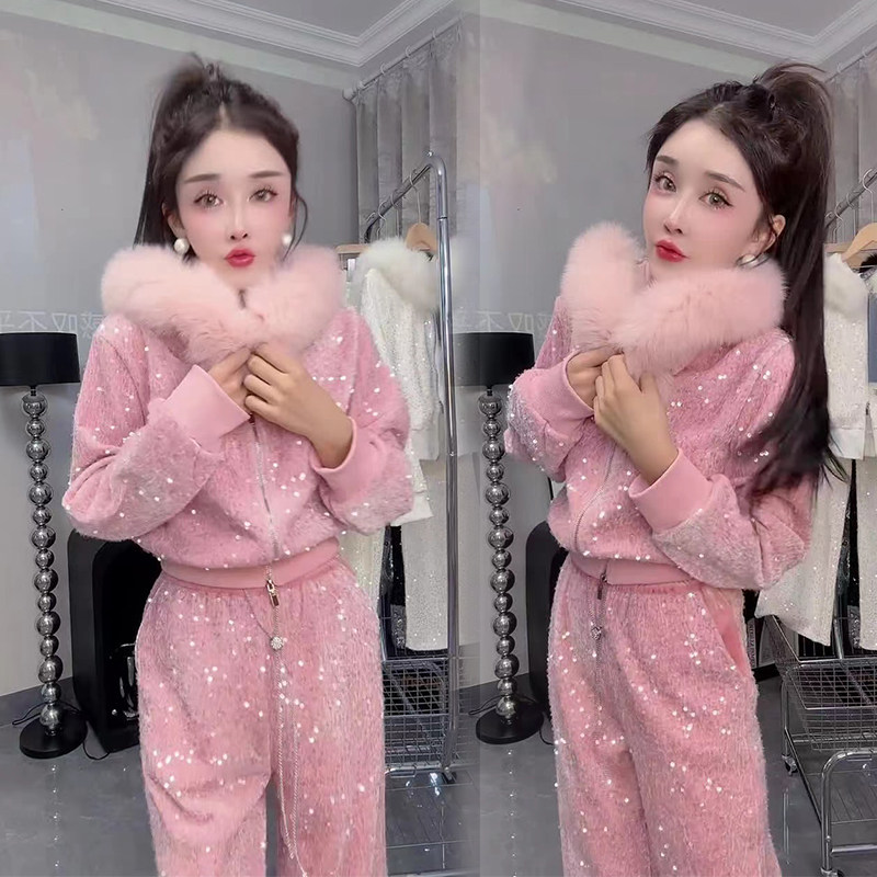 欧洲站2025冬加绒新款法式重工亮片连帽卫衣高腰休闲裤时尚两件套,女装/女士精品,时尚套装,淘宝优惠券,粉丝福利购,淘宝优惠卷