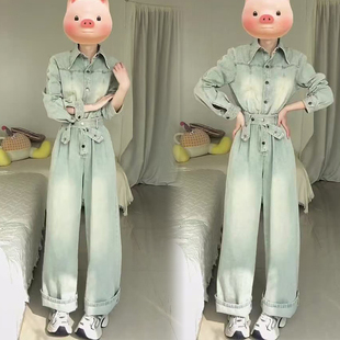 长袖 高级春季 女连体2025新款 连身裤 连体衣高腰 复古港味牛仔工装