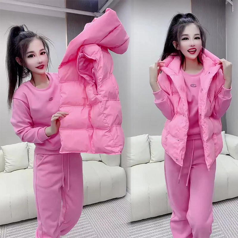 爆款时尚套装女2025冬新款韩版纯色印花棉马甲加绒加厚三件套潮流,女装/女士精品,时尚套装,淘宝优惠券,粉丝福利购,淘宝优惠卷