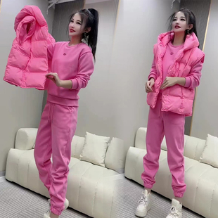 加绒套装 2025冬季 百搭三件套棉马甲简约圆领卫衣休闲裤 时尚 女韩版