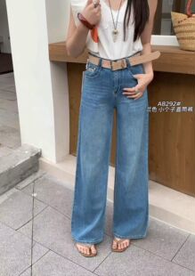 DYJ正品夏装上新 兰色百搭四面弹直筒阔腿休闲牛仔十分裤女A8292