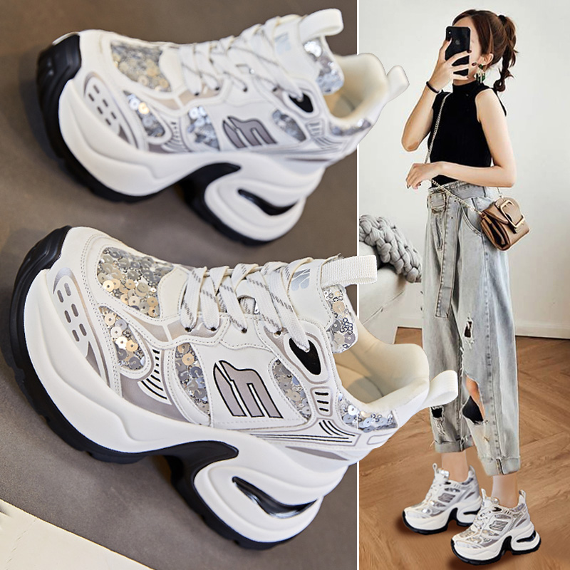 内增高老爹鞋子女ins潮2025春夏季新款超火亮片厚底10公分运动鞋