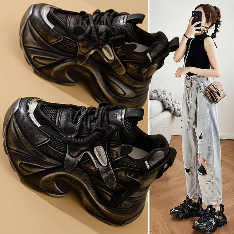 今年流行爆款女鞋复古做旧老爹鞋子女潮2025秋季休闲厚底增高10cm