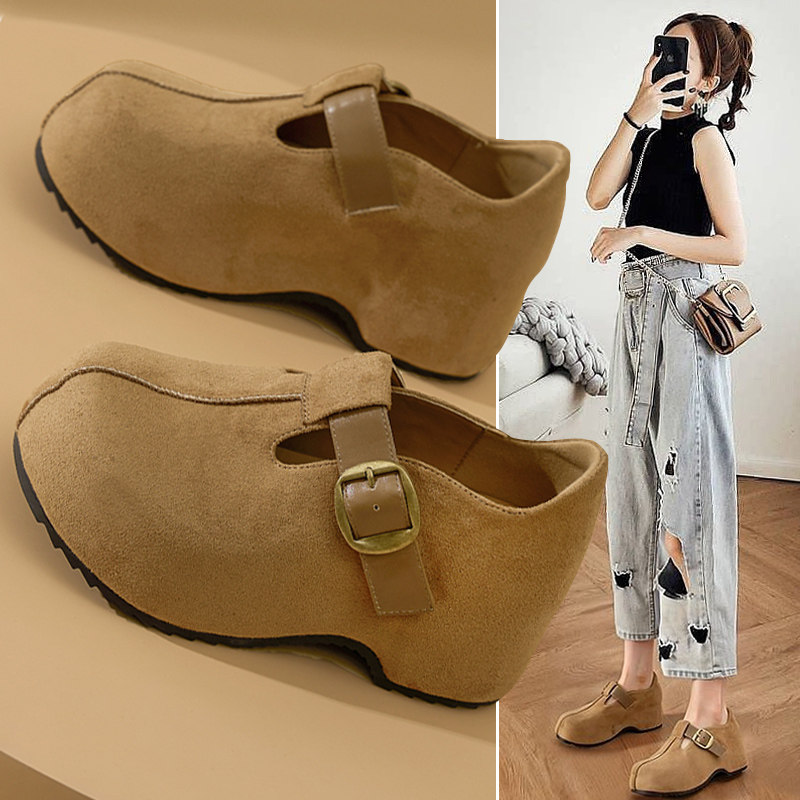 复古驼色全包勃肯鞋女2026正流行春季新款松糕厚底7cm小个子单鞋