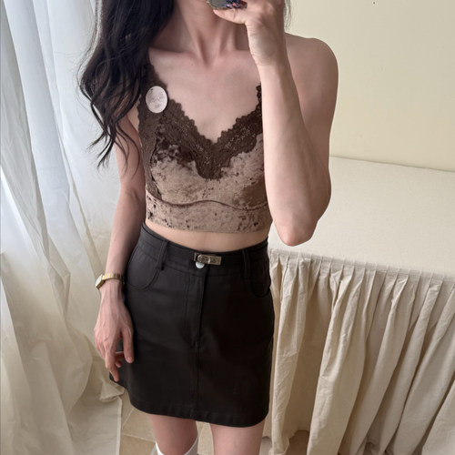 流光绒蕾丝V领吊带背心女带胸垫美背聚拢文胸内搭外穿性感内衣