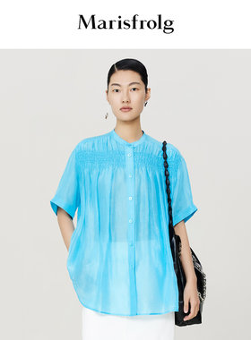 【精工衬衫】湖蓝色时尚立领短袖女式衬衫