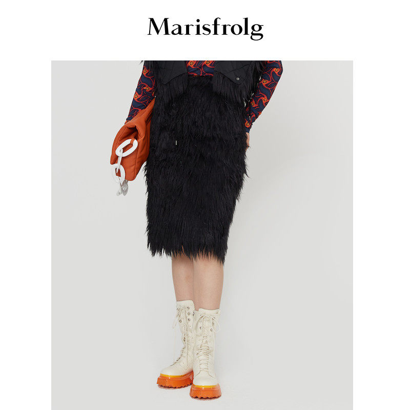 Marisfrolg/玛丝菲尔冬季黑色仿皮草包臀半身裙女