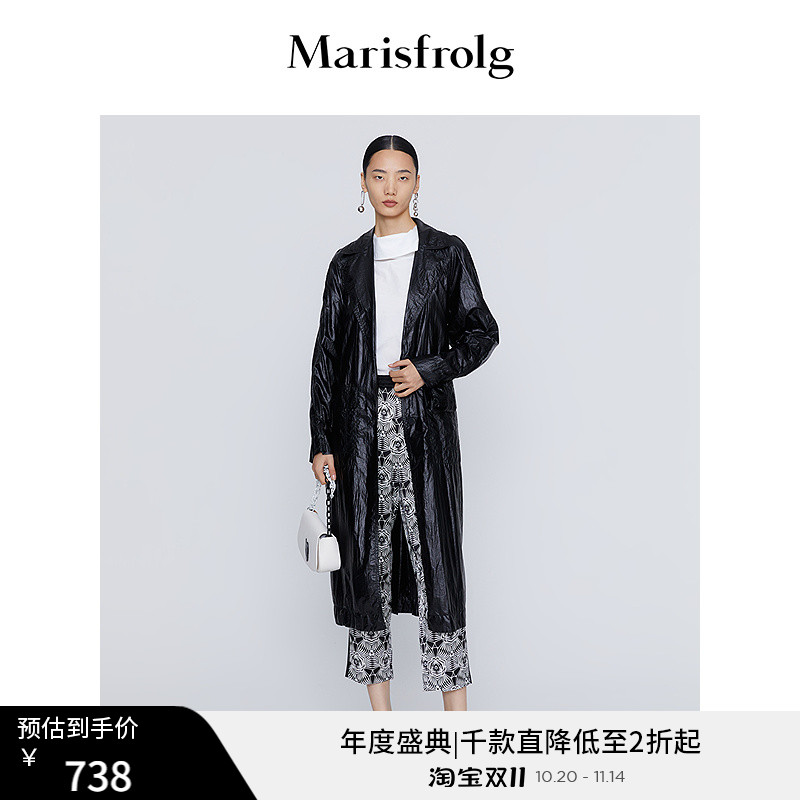 【商场同款】玛丝菲尔春季新款黑色插肩袖光面轻盈风衣外套