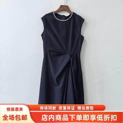 L262B055夏装2026女款时尚韩系收腰镶圆领重工钉珠皱褶气质连衣裙