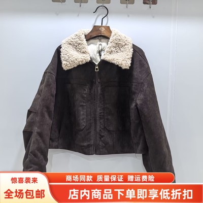 阿曼珂8639冬装2025女新款时尚羊羔毛翻领麂皮绒酷风羽绒服短外套