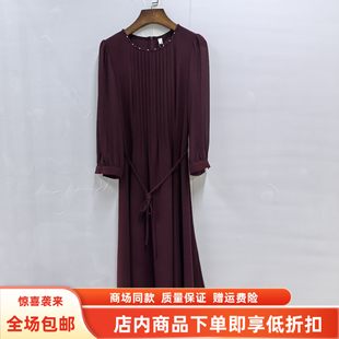 莱瑞JR8105春装2026女式新款时尚优雅圆领气质皱褶系带长款连衣裙