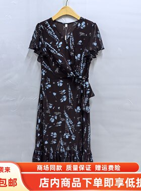 JR8316夏装2026女款时尚优雅雪纺V领侧绑带印花中长款气质连衣裙