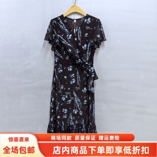 JR8316夏装2026女款时尚优雅雪纺V领侧绑带印花中长款气质连衣裙