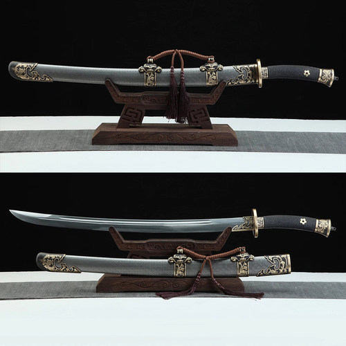 手工锻打花纹钢金属鞘雁翎刀明刀