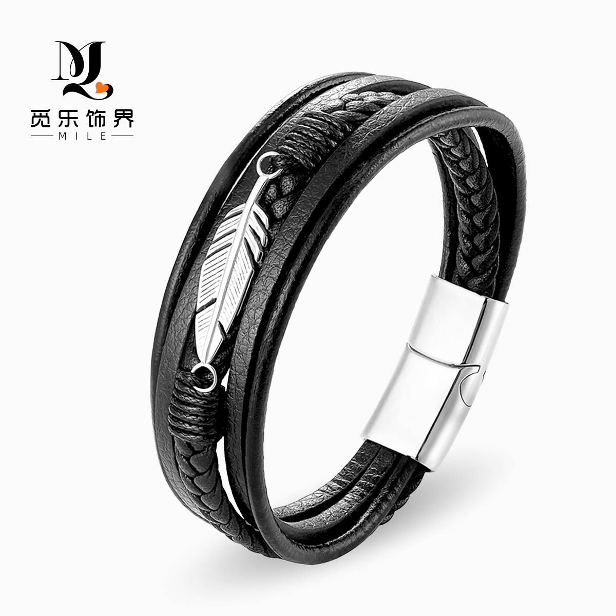 007~欧美皮绳手链朋克风格不锈钢羽毛手链男士