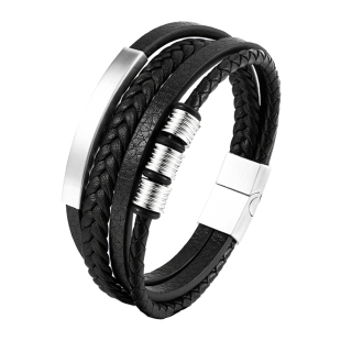 欧美钛钢不锈钢多层简约编织真皮手环手带牛皮绳多圈手镯男士手链