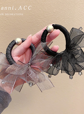 韩国新款高端轻奢网纱蝴蝶结水晶扎头发绳弹力发圈低马尾耐用皮筋