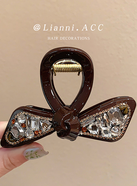 韩版高端抓夹重工水晶锆蝴蝶结盘发夹秋冬新款细闪棕色半扎鲨鱼夹