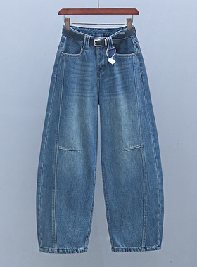 香蕉裤女2025年冬季高腰加绒加厚浅蓝色牛仔裤时尚宽松阔腿弯刀裤