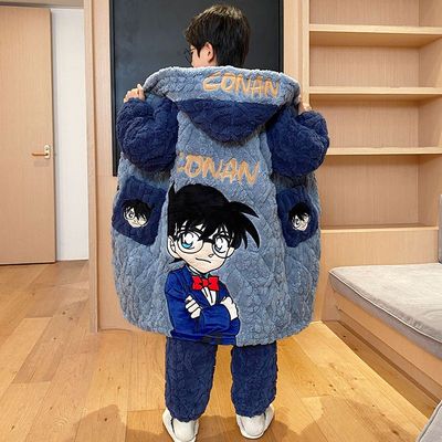 儿童睡衣男童冬季三层夹棉加绒加厚2025新款珊瑚绒睡袍男孩家居服