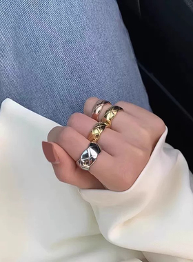 钛钢18k金色小香风菱格戒指女不掉色日韩时尚波浪复古指环关节戒