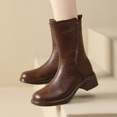 胖脚中跟骑士中筒靴 特加肥宽鞋 2025秋冬真牛皮大码 女靴41一43新款