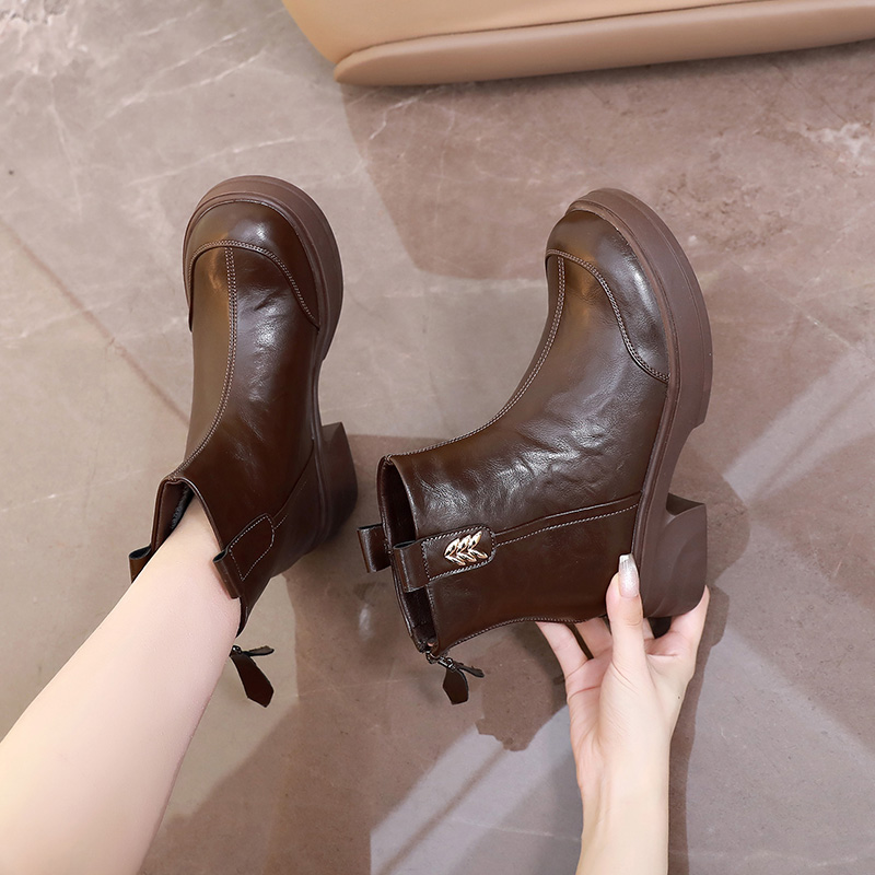 大码切西尔短靴女真皮马丁靴秋冬2025粗跟厚底骑士靴加绒妈妈棉靴