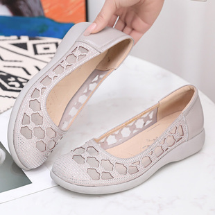2025春夏新款舒适包头凉鞋平底时尚镂空网纱鞋真皮大码女鞋40-43